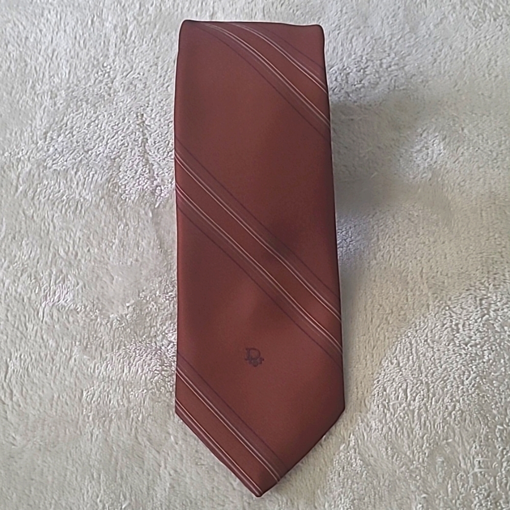 Vintage Christian Dior Tie Brown Burgundy Striped Silk Blend USA Wide Classic